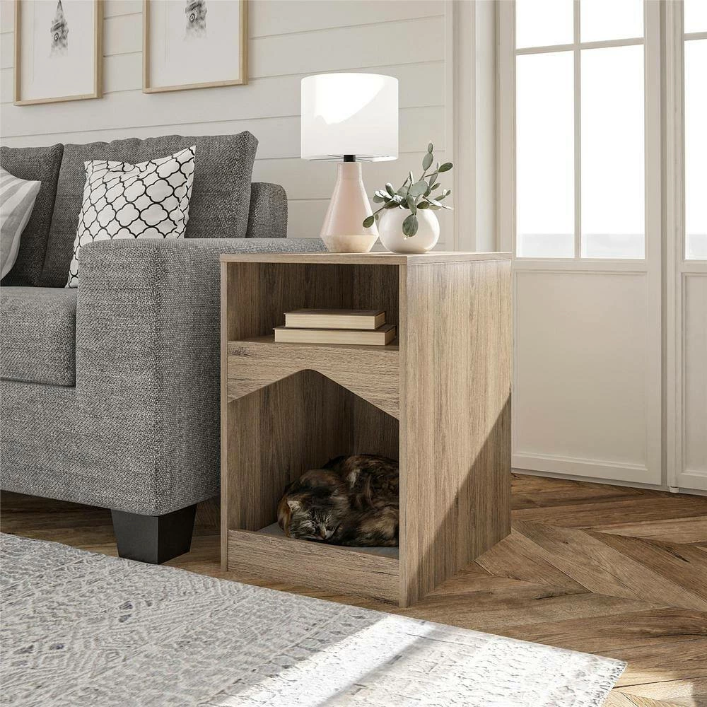 Roscoe Small to Large Rustic Oak Cat House End Table with Bed by OLLIE & HUTCH - Image 9