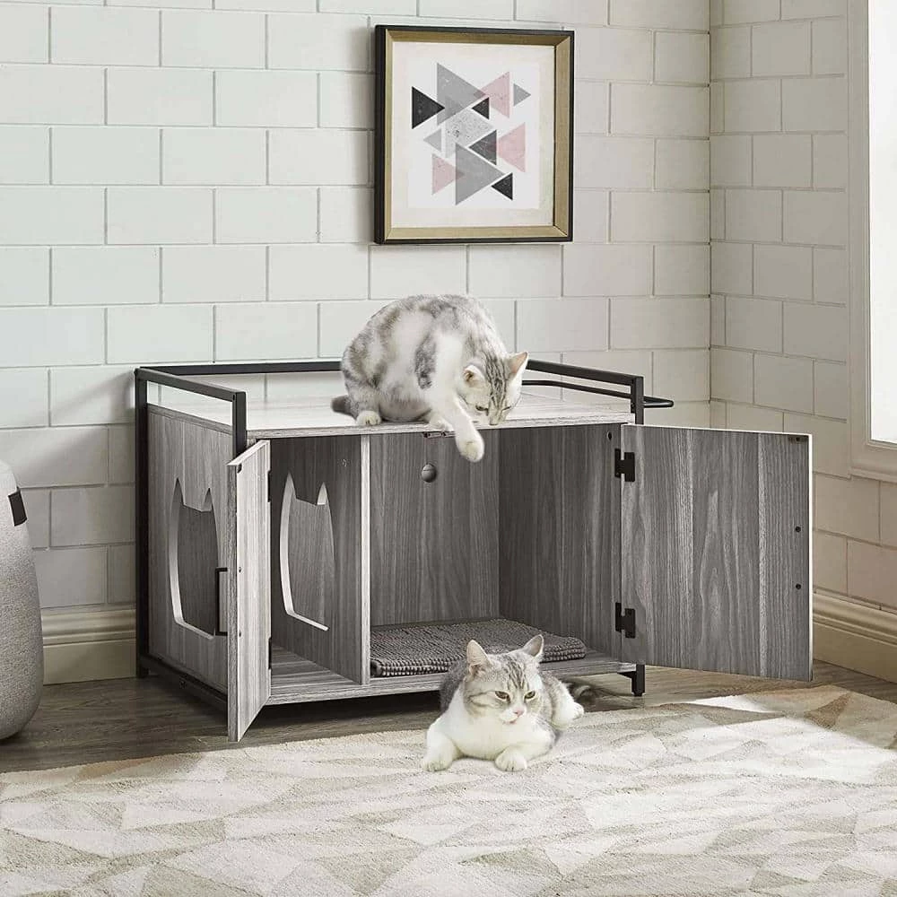 Hidden Cat Litter Box Furniture with Ventilation and Bench Seat, Pet Crate with Iron and Wood Sturdy Structure by Foobrues - Image 3