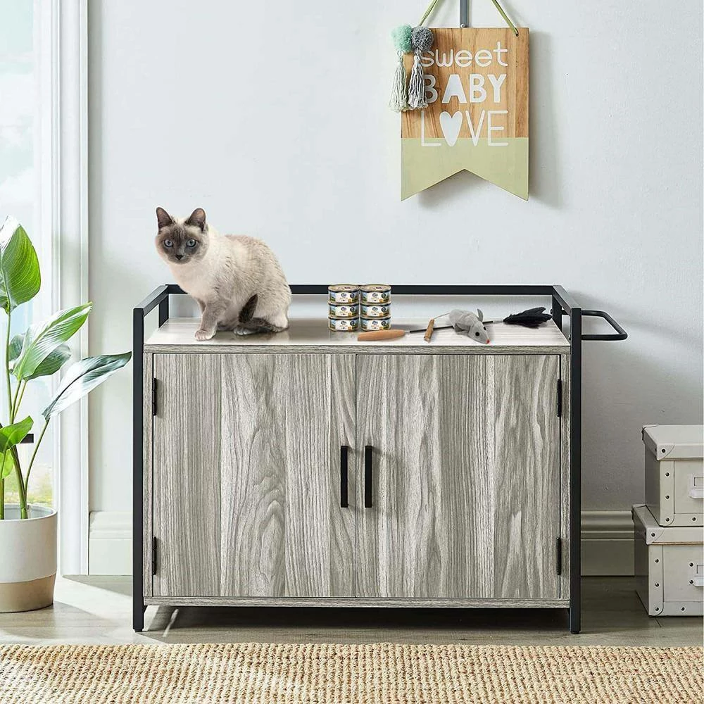 Hidden Cat Litter Box Furniture with Ventilation and Bench Seat, Pet Crate with Iron and Wood Sturdy Structure by Foobrues - Image 2