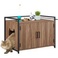 Hidden Cat Litter Box Furniture with Ventilation and Bench Seat, Pet Crate with Iron and Wood Sturdy Structure by Foobrues