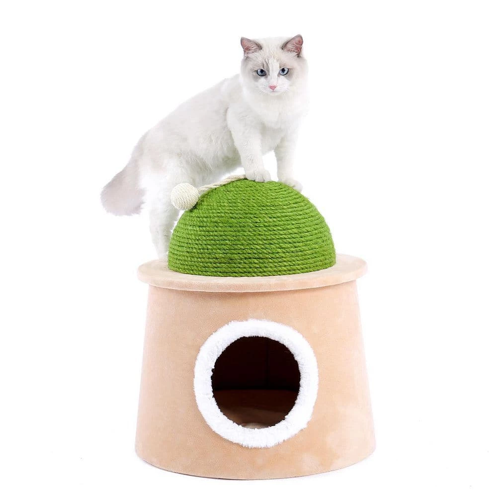 Green Cactus Cat Cave House with Sisal Scratching Post and Sisal Ball for Cat Kittens L by Tatayosi
