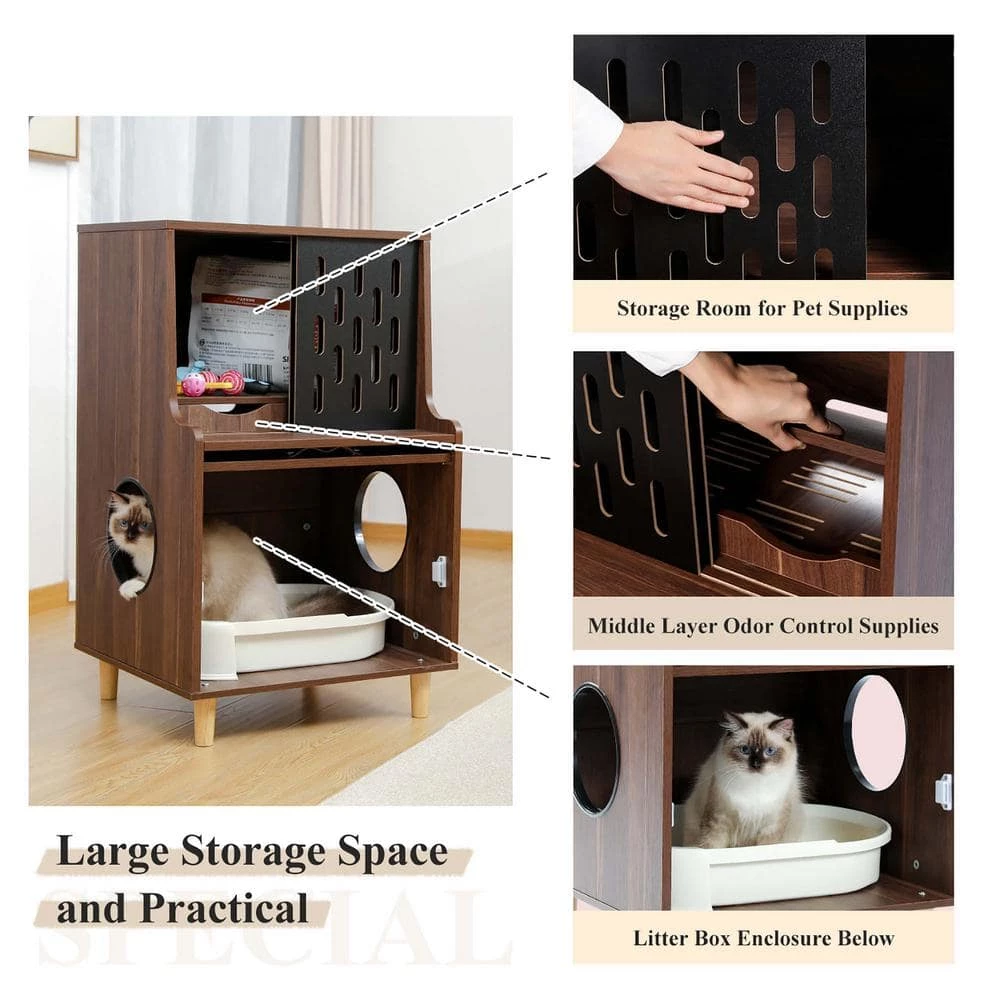Wood Cat Litter Box Enclosure Modern Cat Furniture Cat Washroom with Storage Bench Odor Control Layer Brown by Unbranded - Image 6