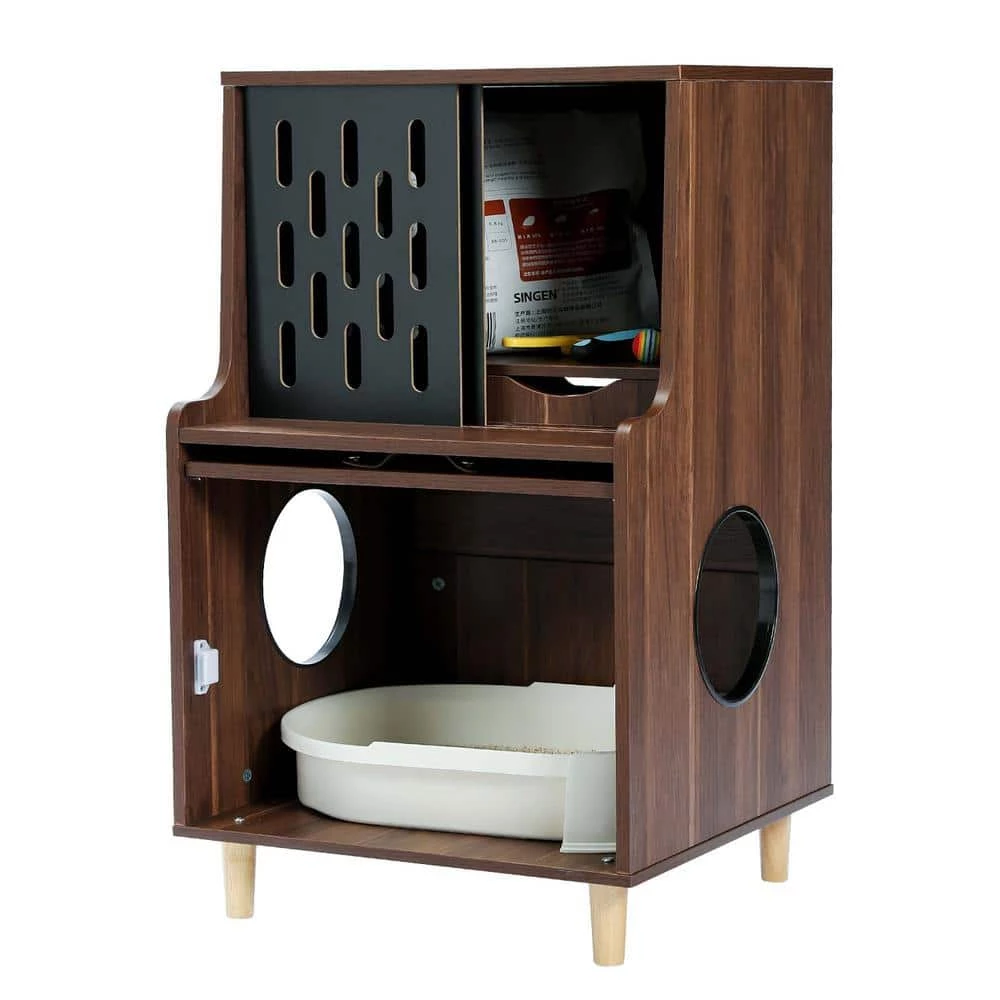 Wood Cat Litter Box Enclosure Modern Cat Furniture Cat Washroom with Storage Bench Odor Control Layer Brown by Unbranded
