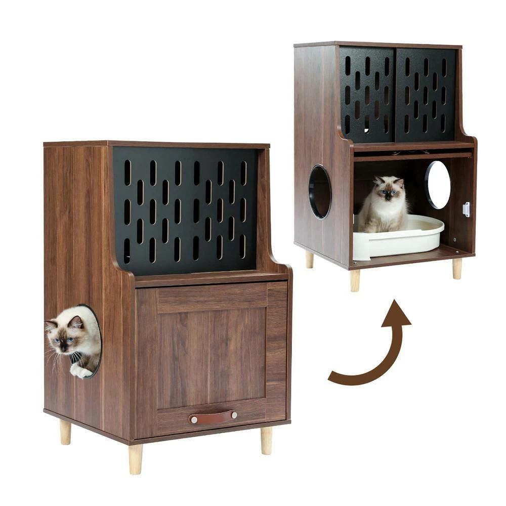Wood Cat Litter Box Enclosure Modern Cat Furniture Cat Washroom with Storage Bench Odor Control Layer Brown by Unbranded - Image 3