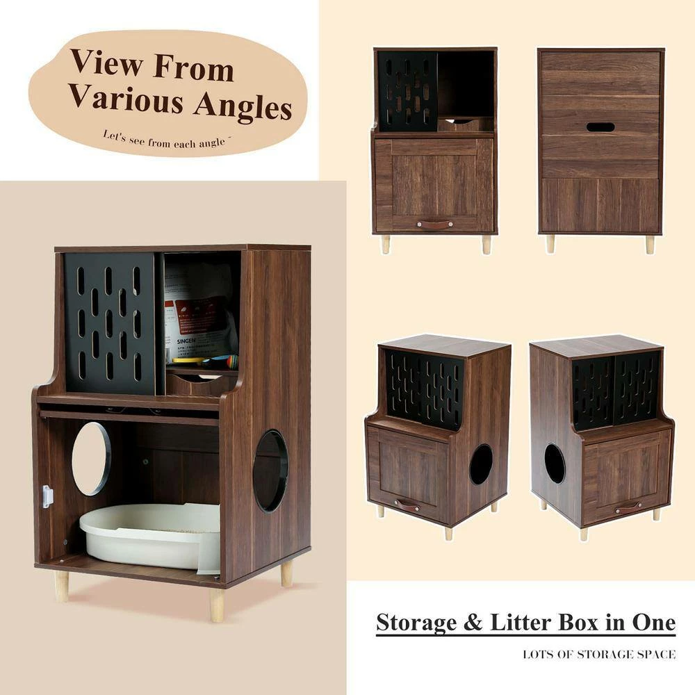 Wood Cat Litter Box Enclosure Modern Cat Furniture Cat Washroom with Storage Bench Odor Control Layer Brown by Unbranded - Image 7