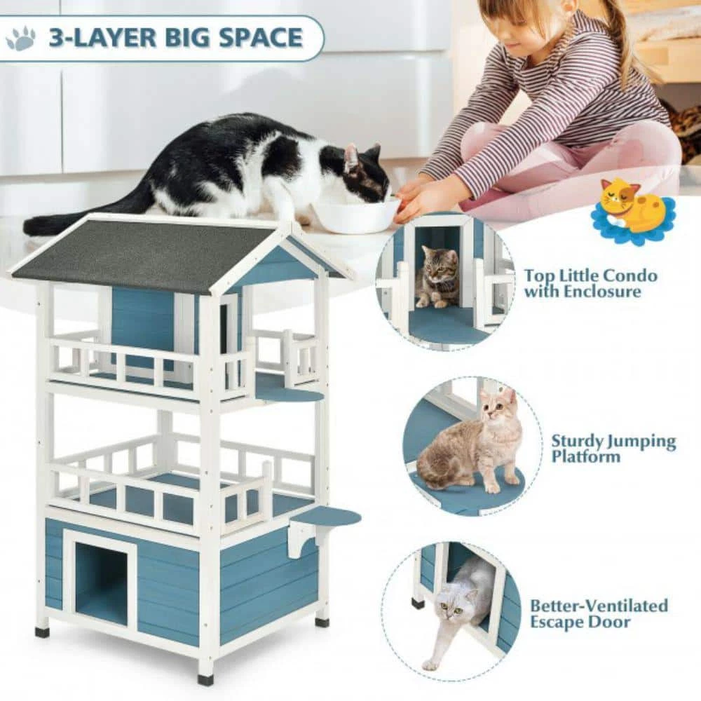 Indoor Outdoor Wooden 2-Story Cat House Condo Small Pet House by ANGELES HOME - Image 5