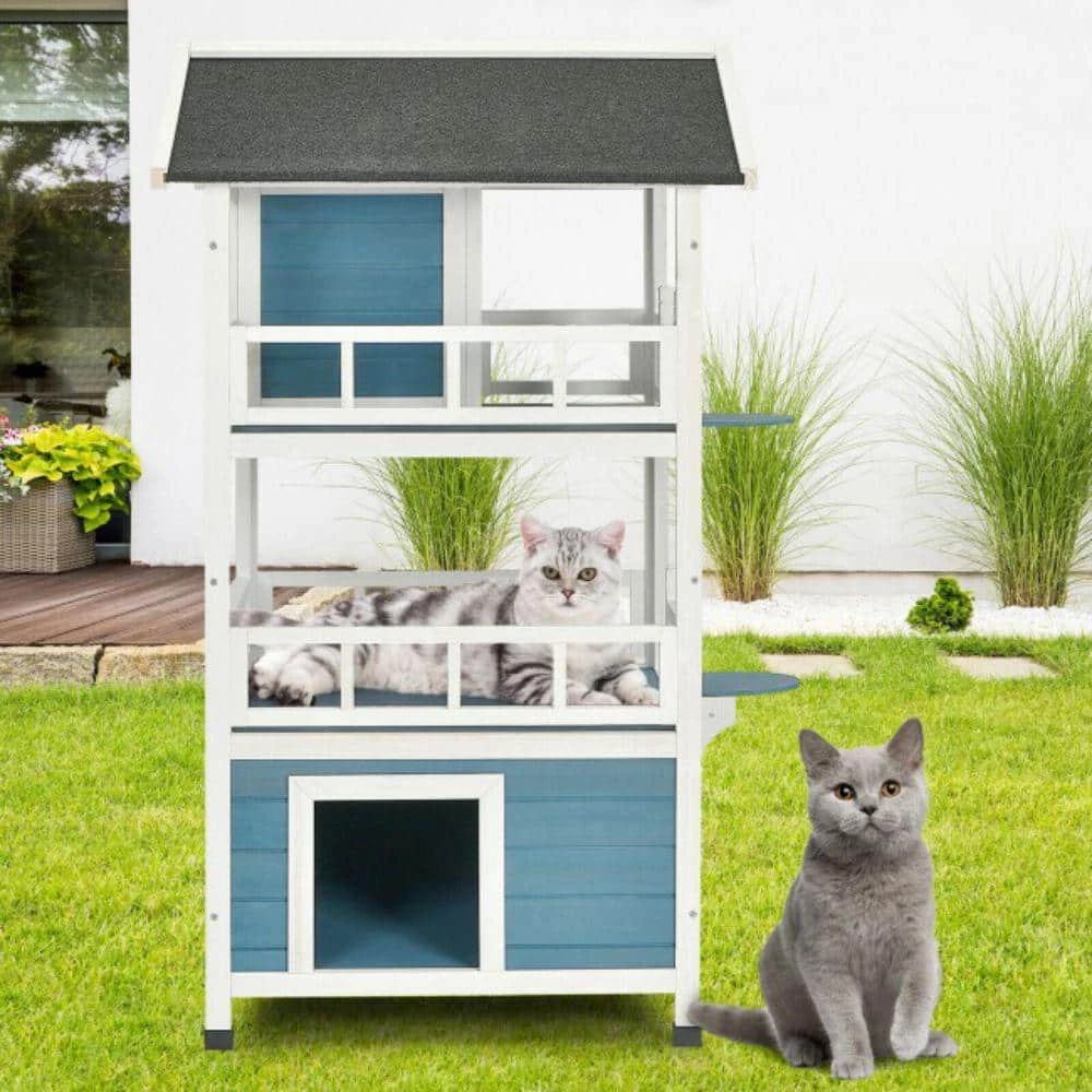 Indoor Outdoor Wooden 2-Story Cat House Condo Small Pet House by ANGELES HOME - Image 2
