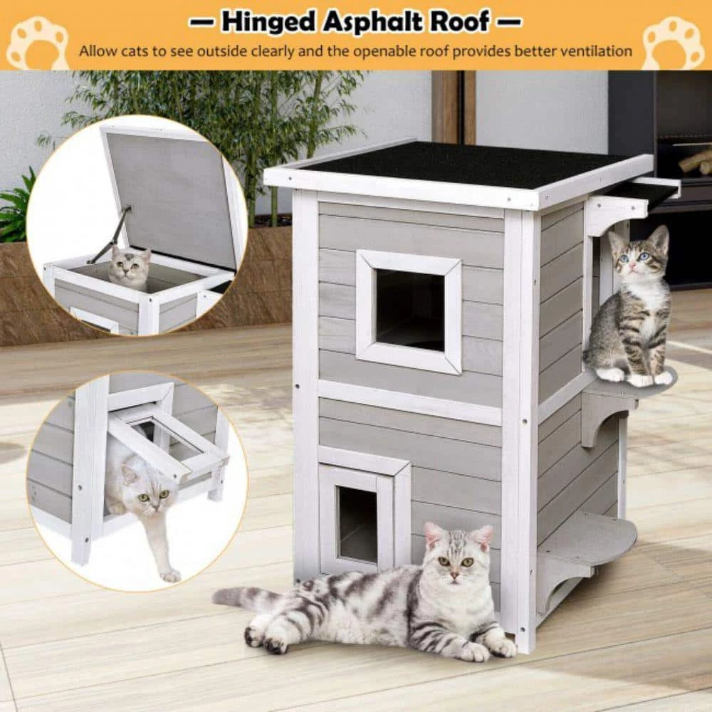 Indoor Outdoor Wooden 2-Story Cat House Condo Small Pet House by ANGELES HOME - Image 5