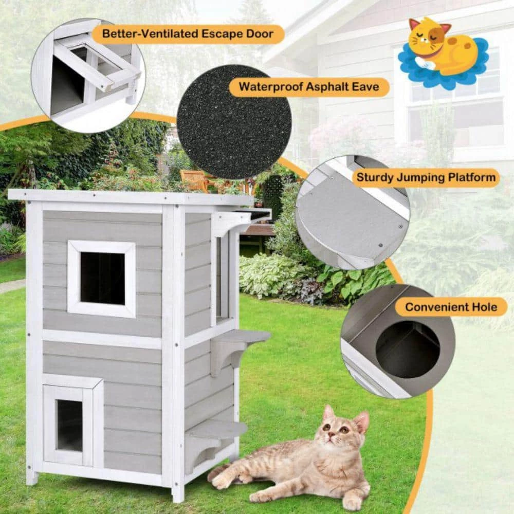 Indoor Outdoor Wooden 2-Story Cat House Condo Small Pet House by ANGELES HOME - Image 4