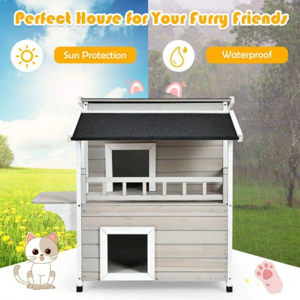 Indoor Outdoor Wooden 2-Story Cat House Condo Small Pet House by ANGELES HOME - Image 5