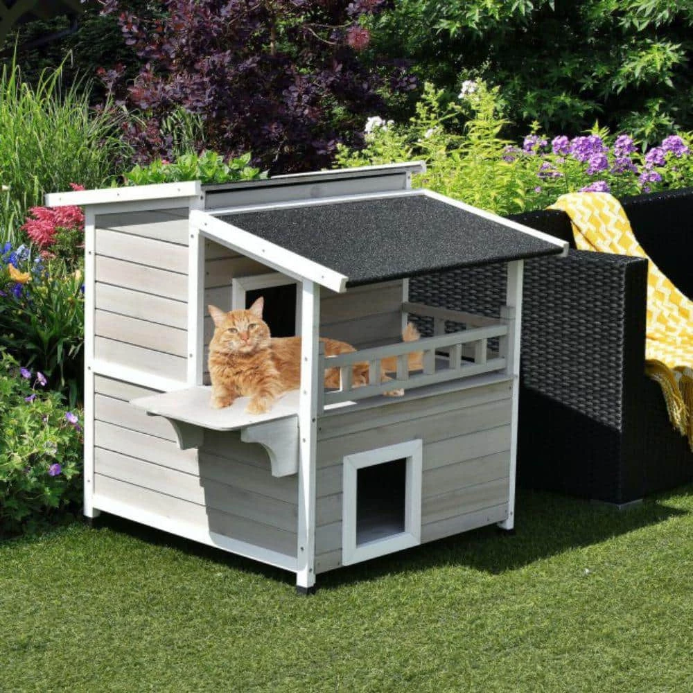 Indoor Outdoor Wooden 2-Story Cat House Condo Small Pet House by ANGELES HOME - Image 6