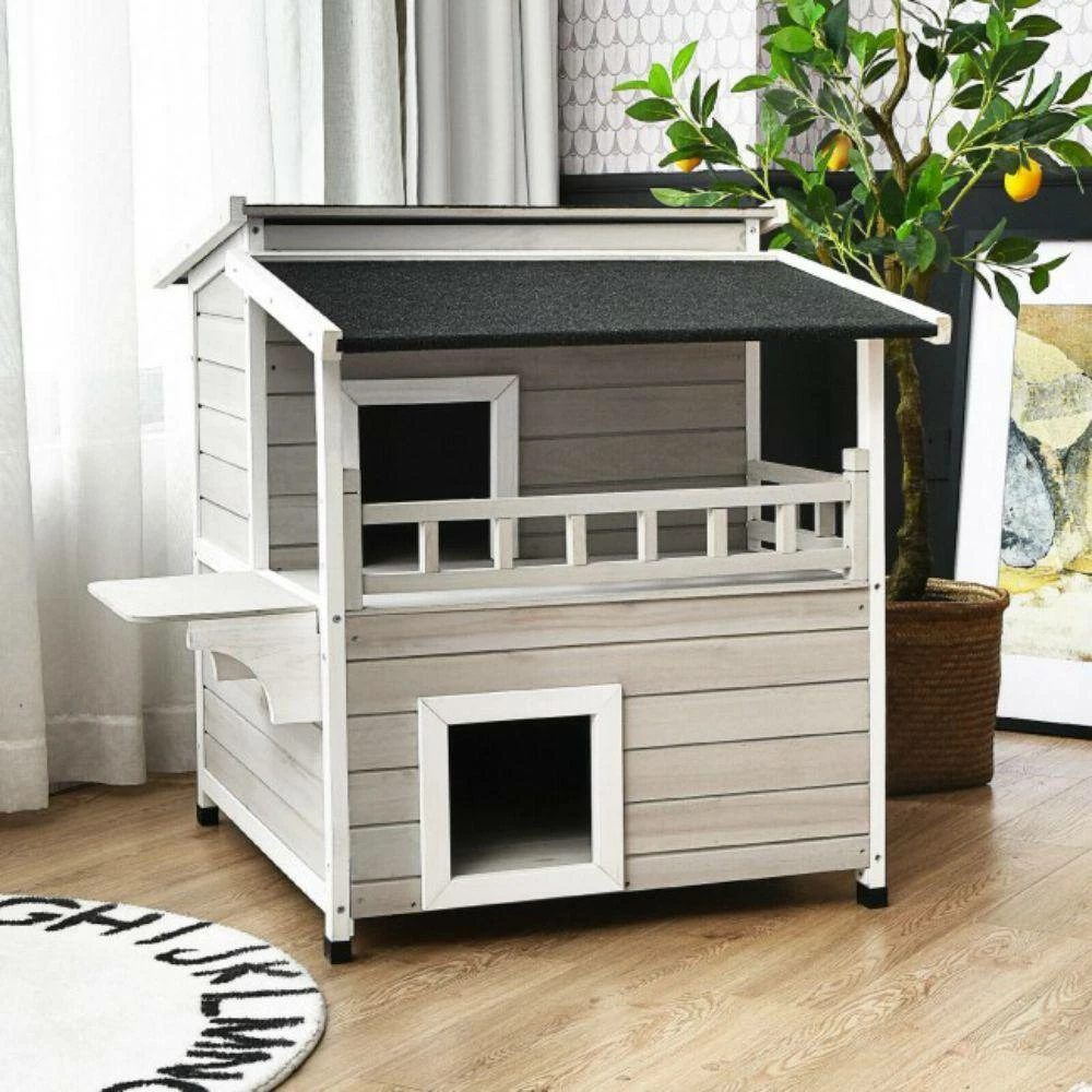 Indoor Outdoor Wooden 2-Story Cat House Condo Small Pet House by ANGELES HOME - Image 2