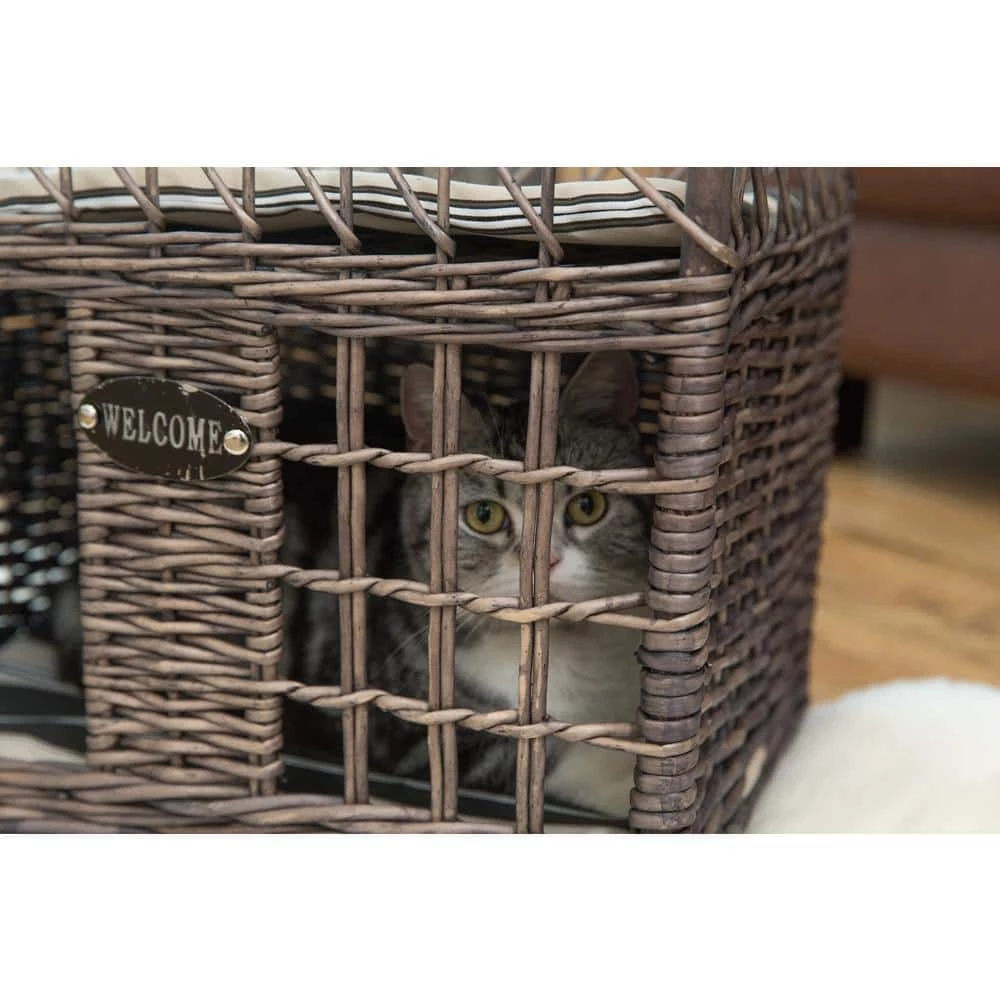 Two-level Willow Pet House with Soft Fabric Cushion For Cat or Dog, Grey by Unbranded - Image 2