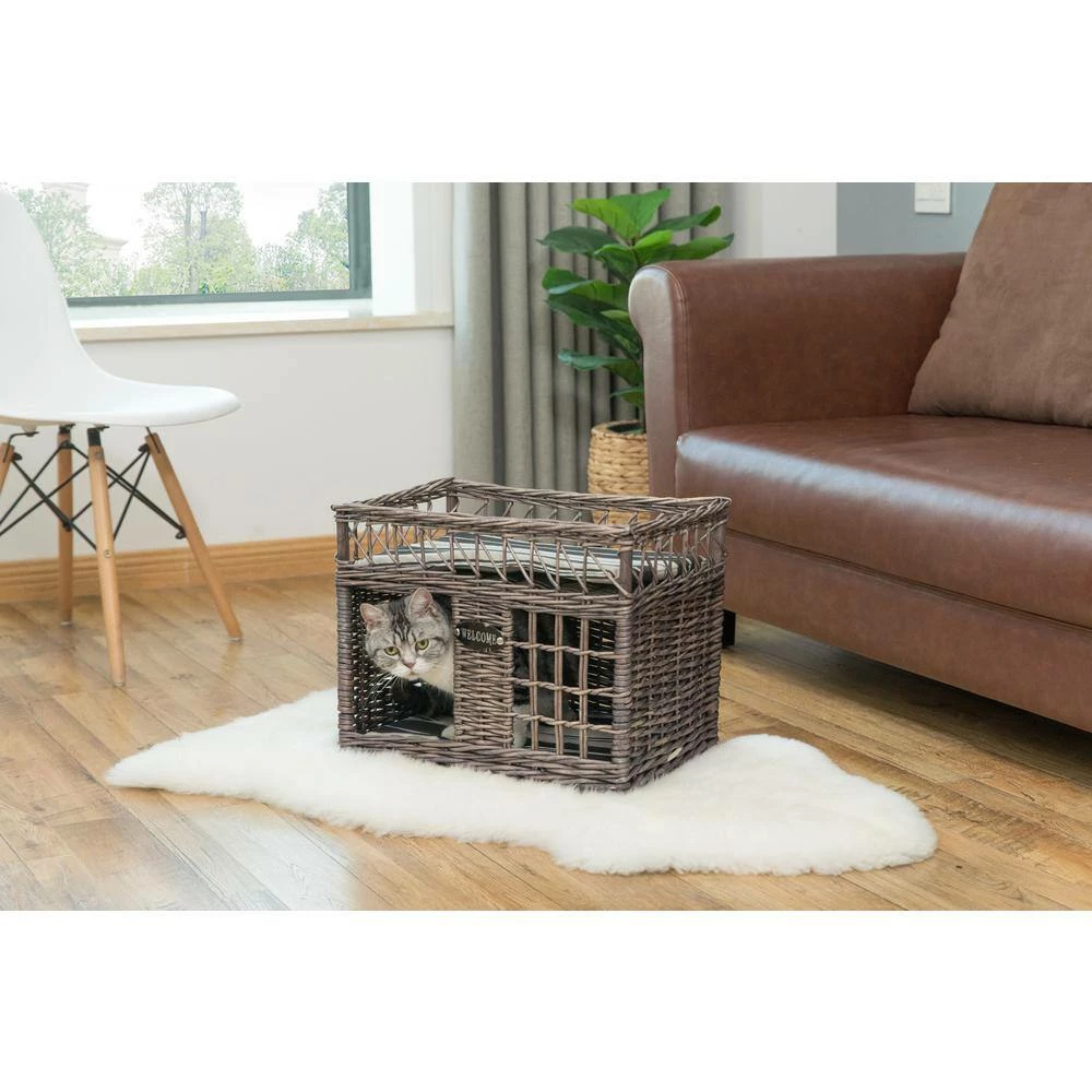 Two-level Willow Pet House with Soft Fabric Cushion For Cat or Dog, Grey by Unbranded - Image 6