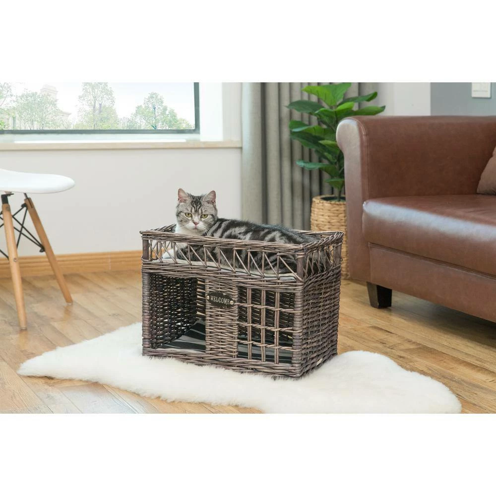 Two-level Willow Pet House with Soft Fabric Cushion For Cat or Dog, Grey by Unbranded - Image 5