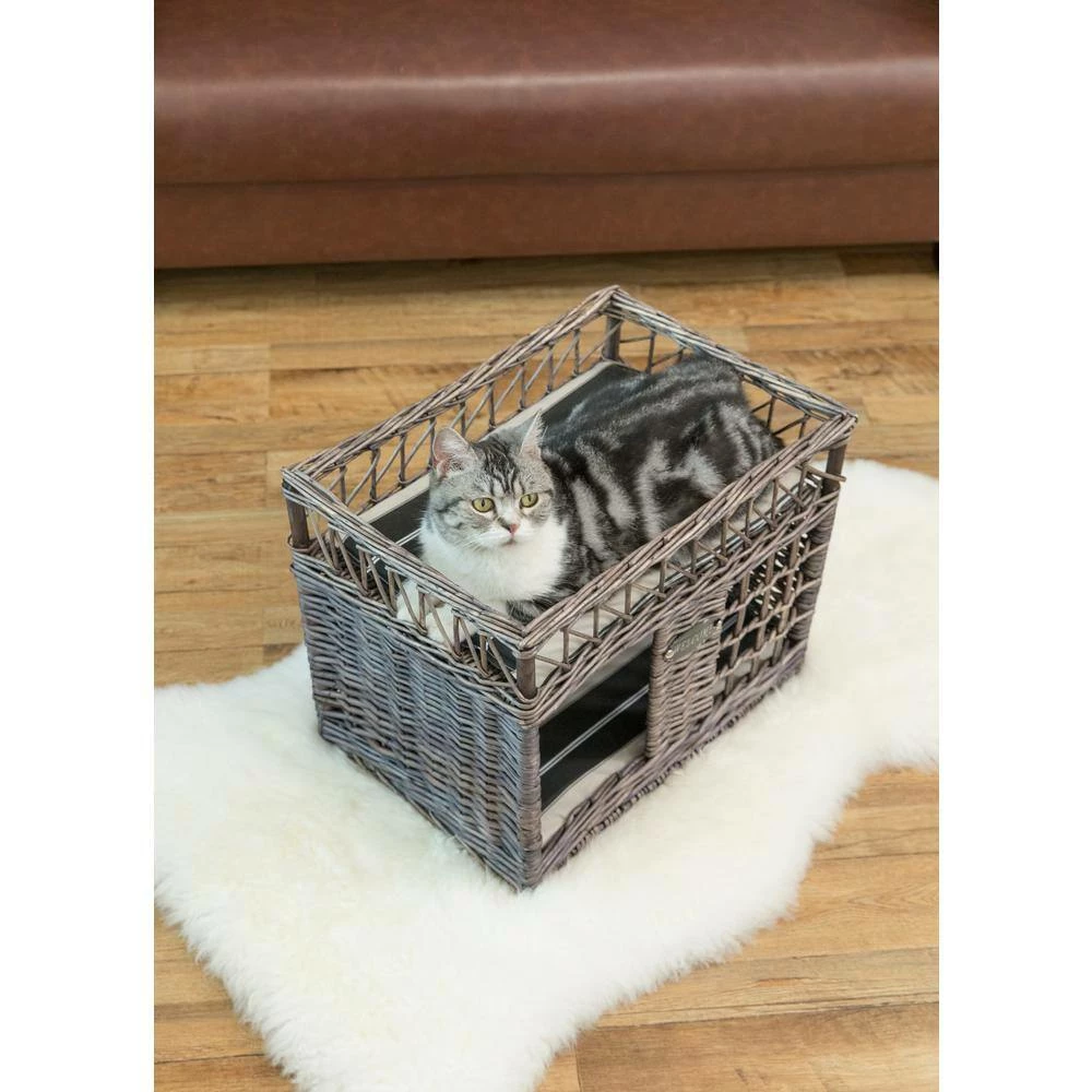 Two-level Willow Pet House with Soft Fabric Cushion For Cat or Dog, Grey by Unbranded - Image 3