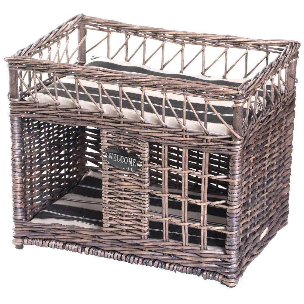 Two-level Willow Pet House with Soft Fabric Cushion For Cat or Dog, Grey by Unbranded - Image 4