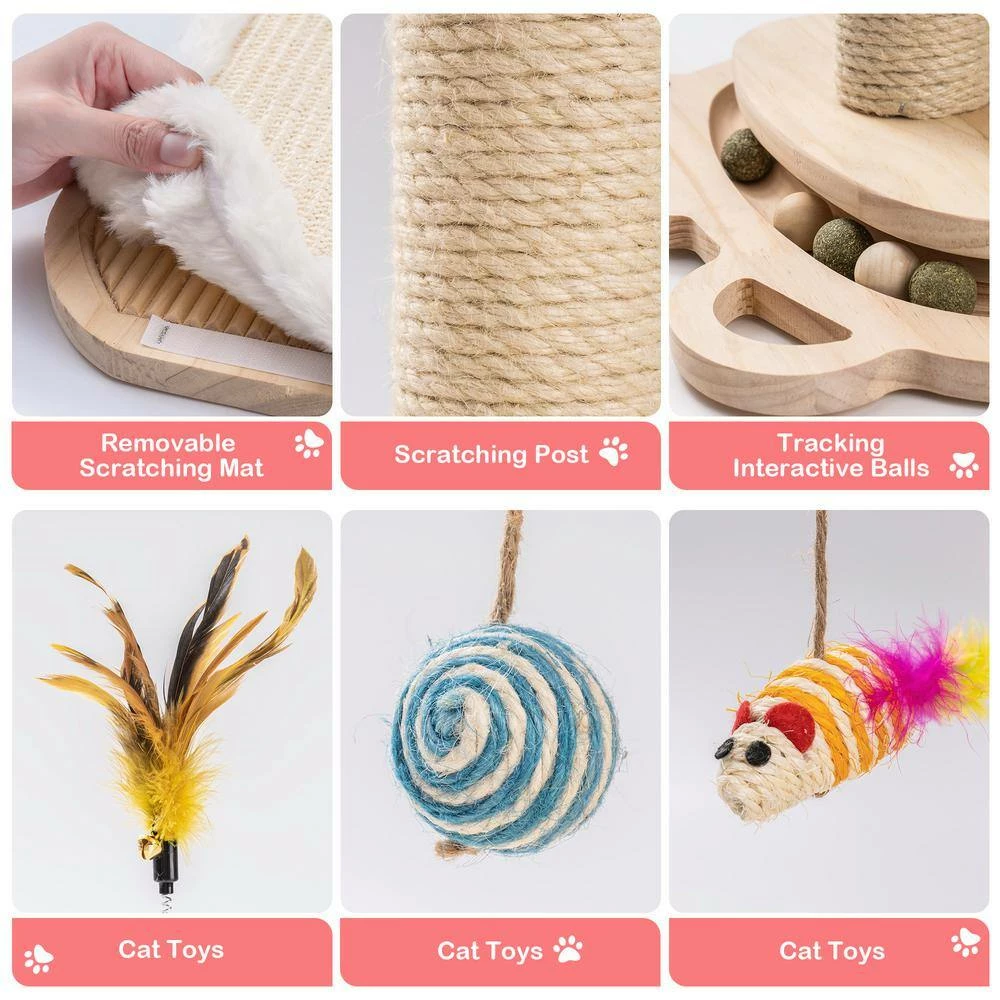 21.4 in. x 14.3 in. Wood Cat Ball Toy with Cat Scratching Post and 5 Interactive Balls by Kahomvis - Image 3