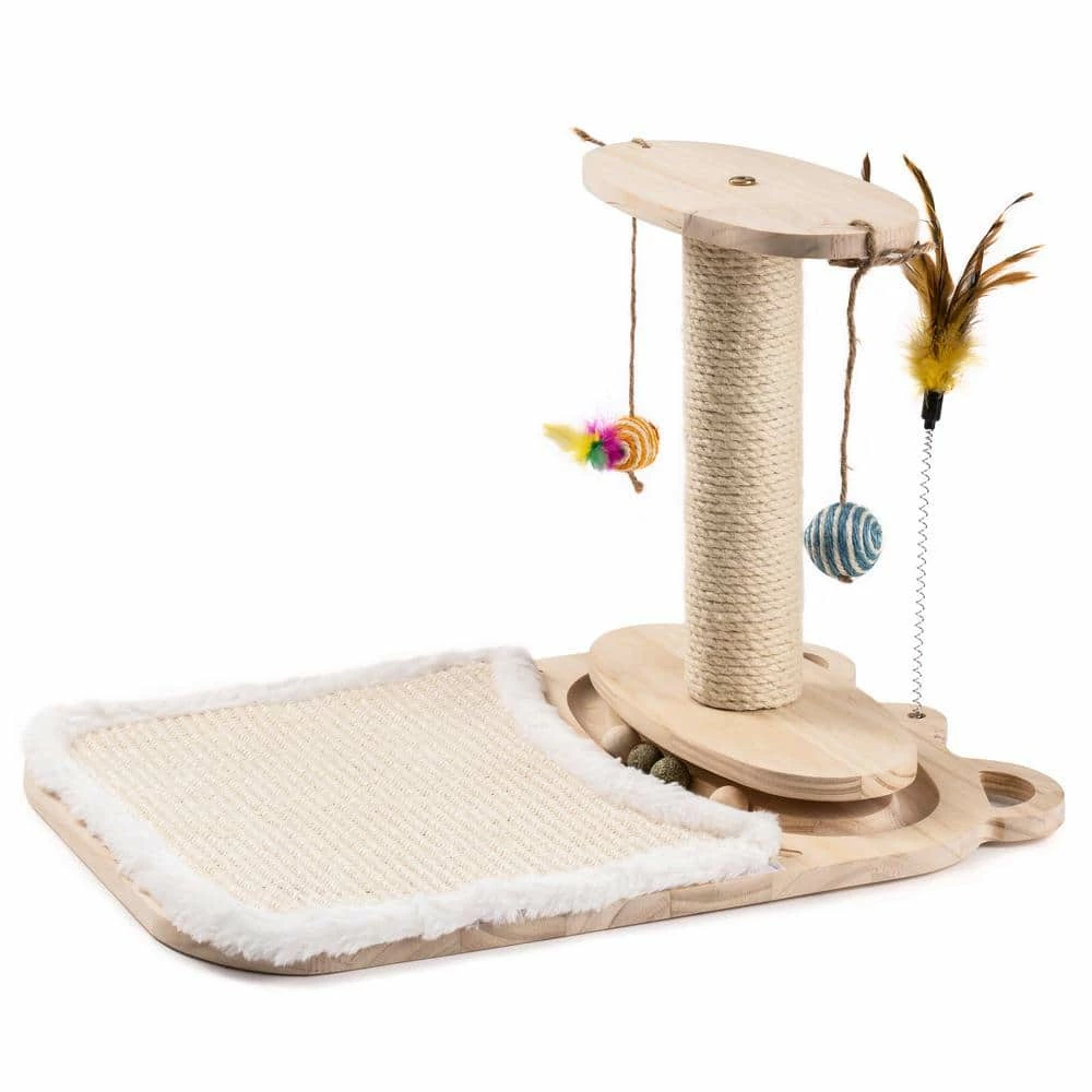 21.4 in. x 14.3 in. Wood Cat Ball Toy with Cat Scratching Post and 5 Interactive Balls by Kahomvis