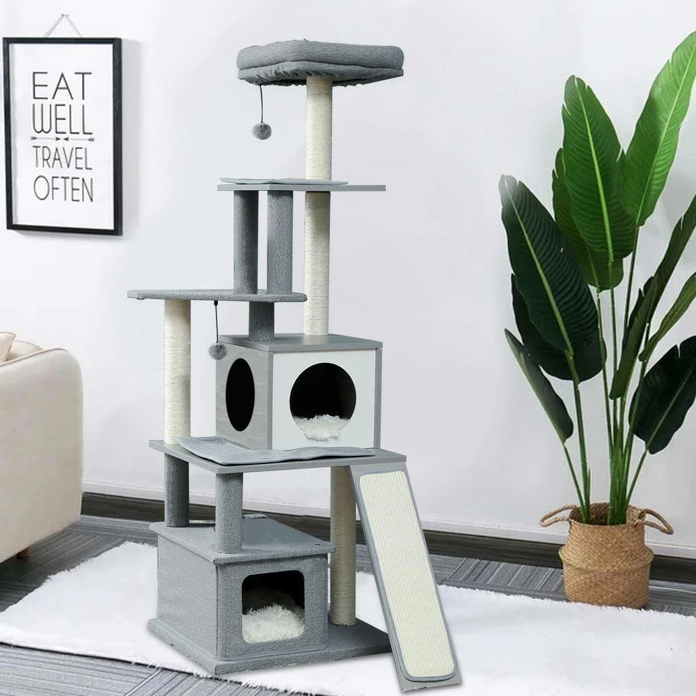 61.9 in. H Gray Wooden Cat Tree, Felt Fabric Cat House, Multi-Level Cat Tower with Sisal Covered Scratching Posts by Unbranded - Image 7