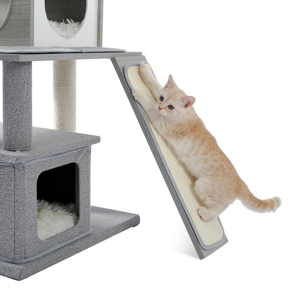 61.9 in. H Gray Wooden Cat Tree, Felt Fabric Cat House, Multi-Level Cat Tower with Sisal Covered Scratching Posts by Unbranded - Image 5