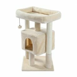 28.4 in. H Beige Wooden Cat Tree, Polyester Plush Cat Tower with Scratching Sisal Posts by Unbranded