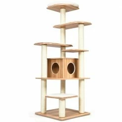 69 in. H Wood Multi-Layer Platform Cat Tree with Condo with Wood Furniture Cover by FORCLOVER