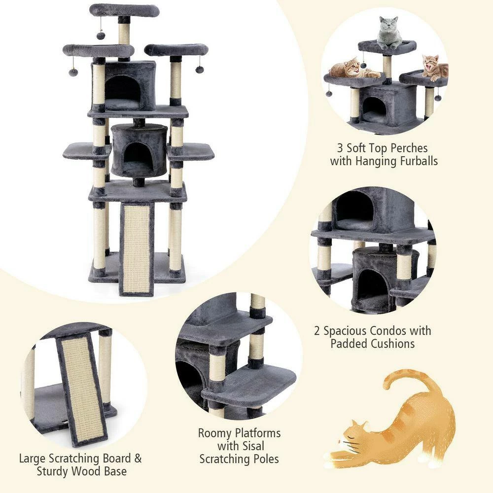 67 in. H Light Grey Multi-Level Sleep and Play Cat Tree with Cozy Perches and Sisal Furniture Cover by FORCLOVER - Image 3