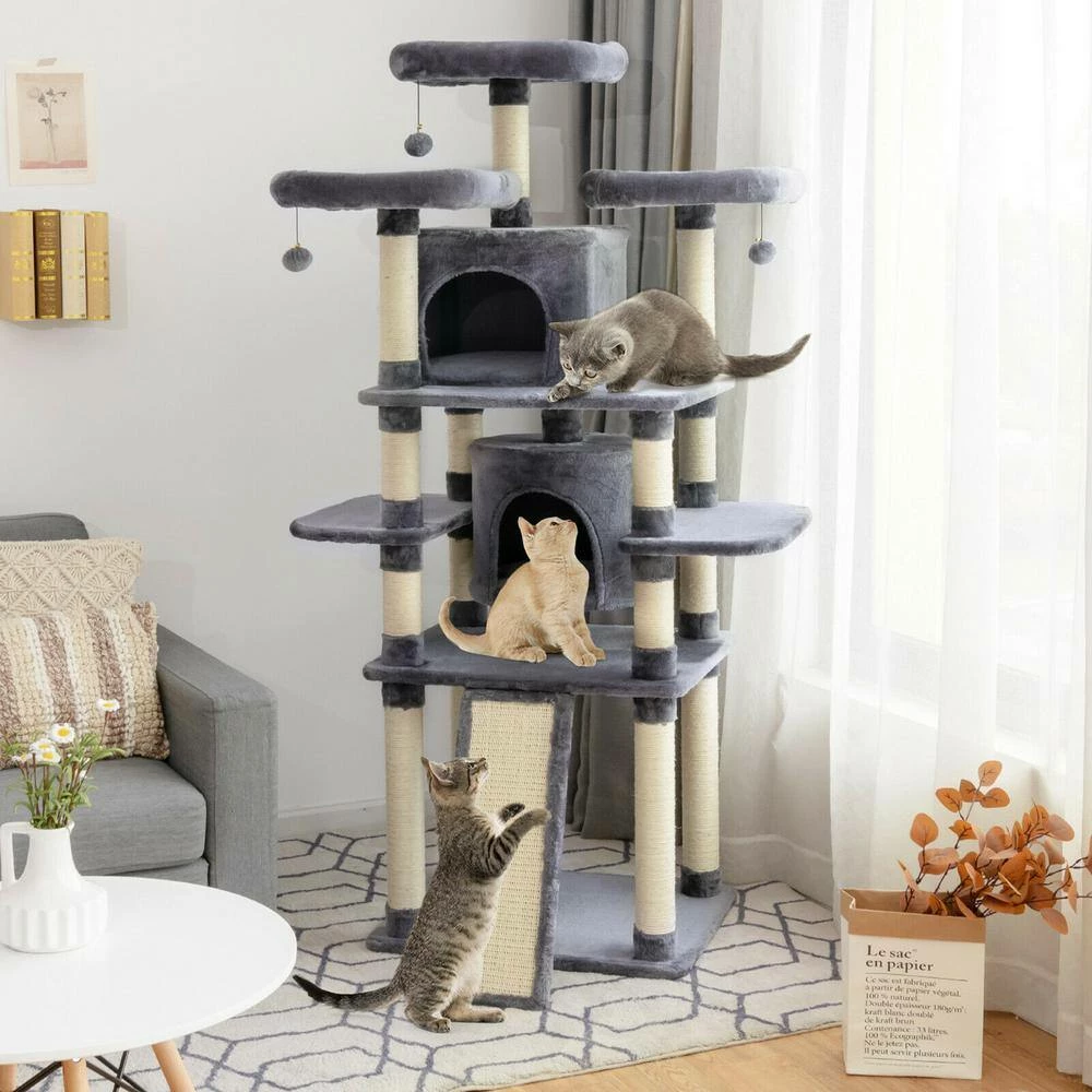 67 in. H Light Grey Multi-Level Sleep and Play Cat Tree with Cozy Perches and Sisal Furniture Cover by FORCLOVER - Image 2
