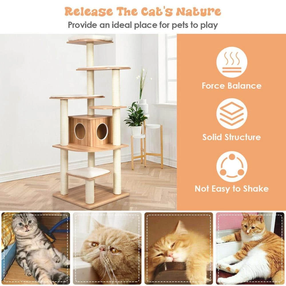 69 in. Tall Brown Sleep and Play Cat Tree by ANGELES HOME - Image 3