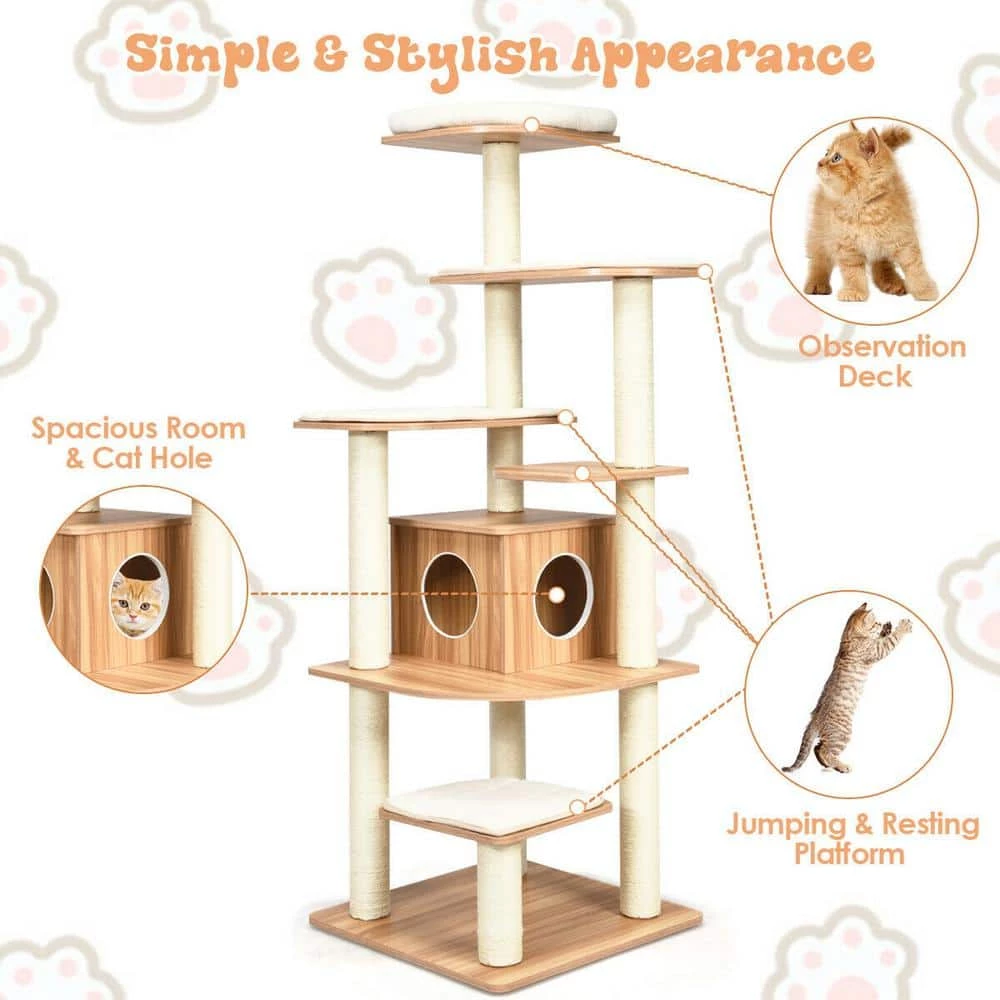 69 in. Tall Brown Sleep and Play Cat Tree by ANGELES HOME - Image 5
