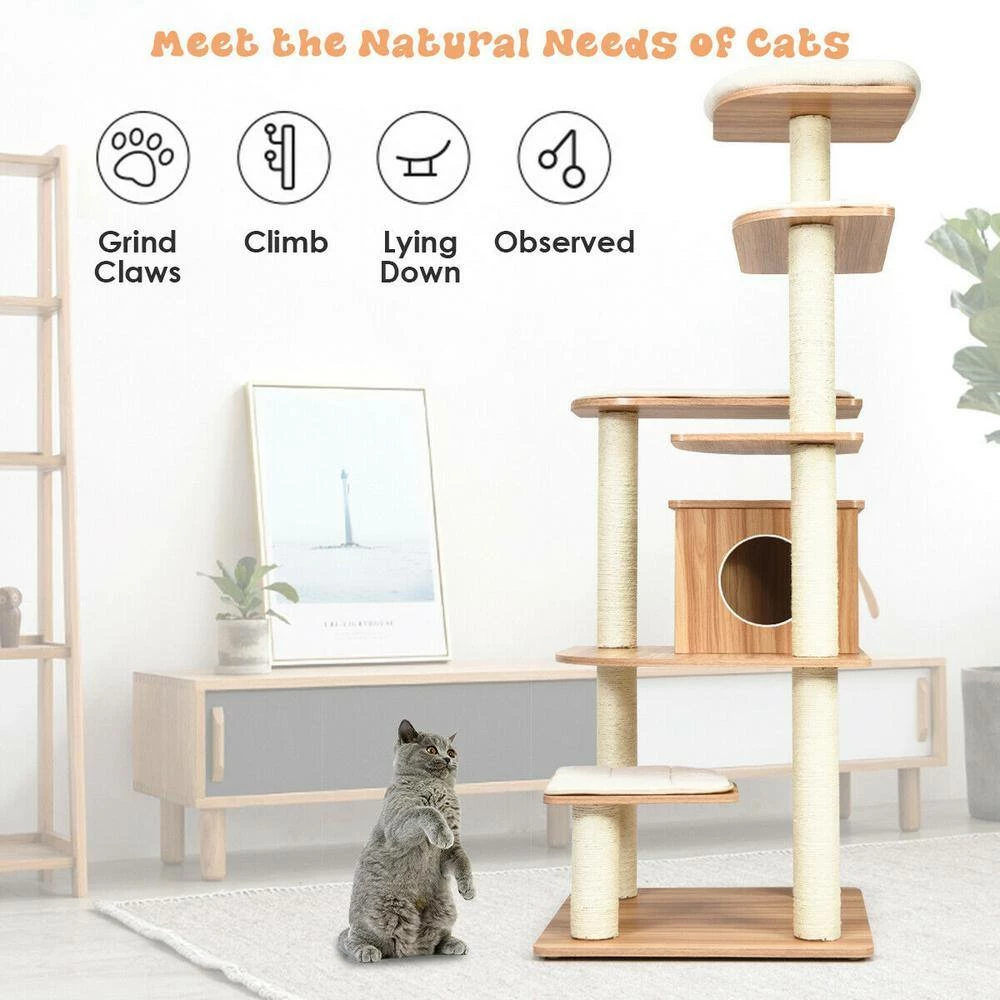 69 in. Tall Brown Sleep and Play Cat Tree by ANGELES HOME - Image 6