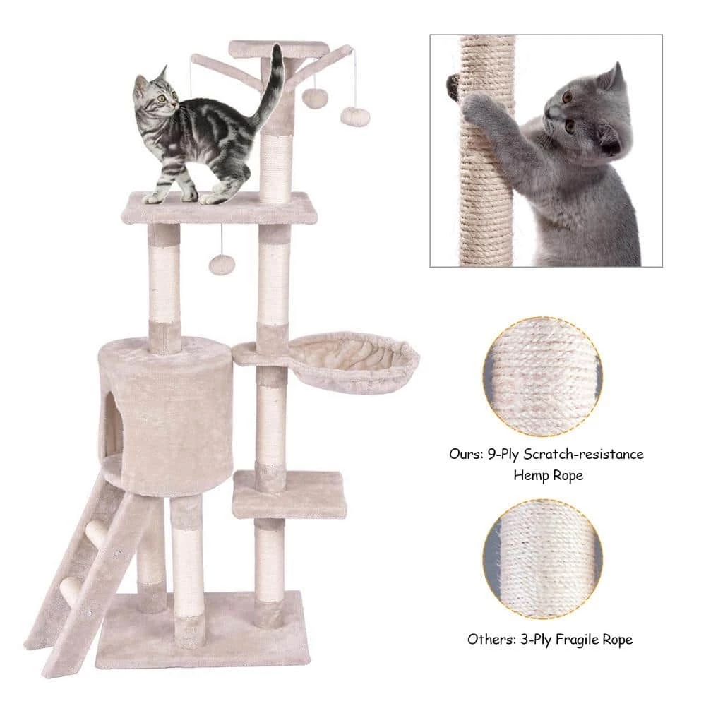 Beige Cat Trees and Scratch Posts Furniture Cover Kitten Climbing Tower Cat Condo with Sisal-Covered Posts and Ladder by WELLFOR - Image 5