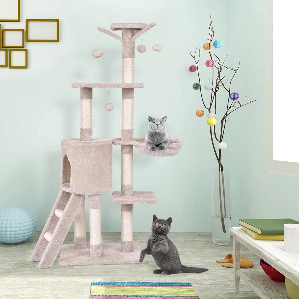 Beige Cat Trees and Scratch Posts Furniture Cover Kitten Climbing Tower Cat Condo with Sisal-Covered Posts and Ladder by WELLFOR - Image 9