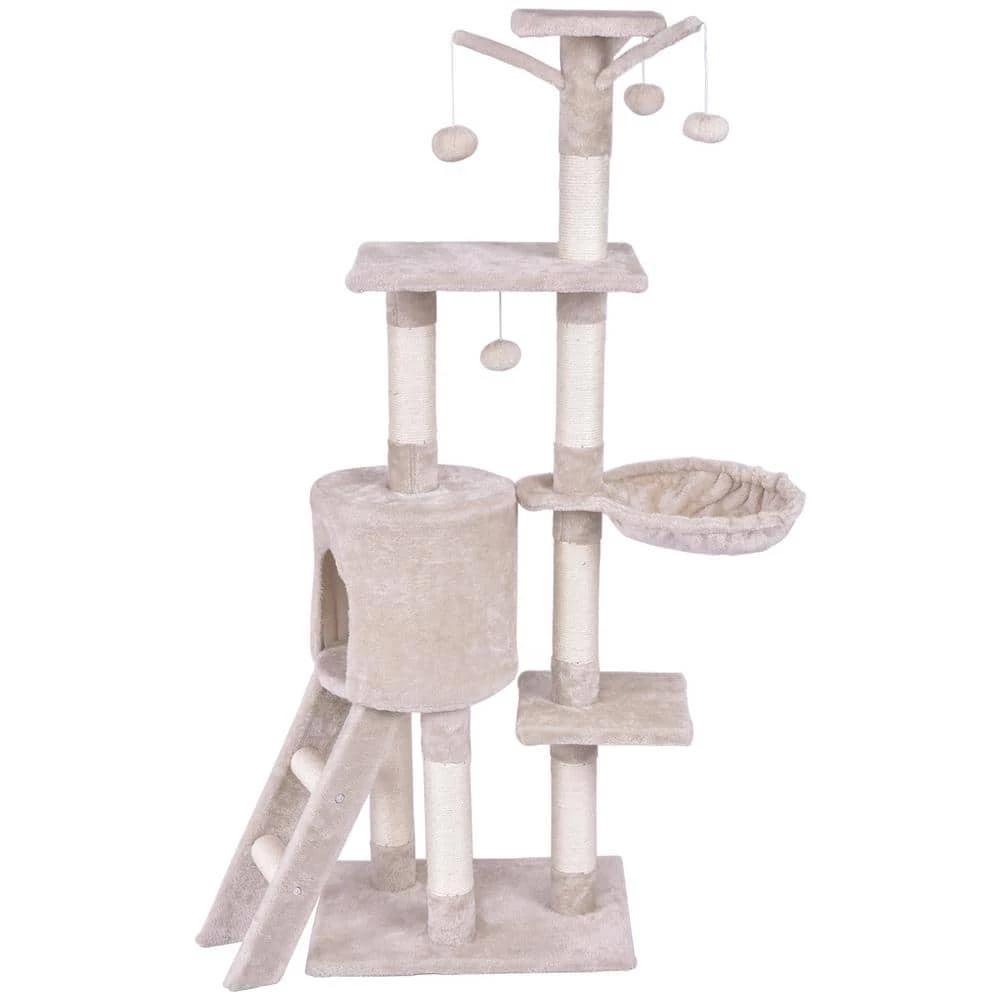 Beige Cat Trees and Scratch Posts Furniture Cover Kitten Climbing Tower Cat Condo with Sisal-Covered Posts and Ladder by WELLFOR