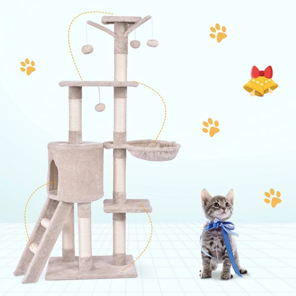 Beige Cat Trees and Scratch Posts Furniture Cover Kitten Climbing Tower Cat Condo with Sisal-Covered Posts and Ladder by WELLFOR - Image 2