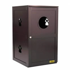 2-Tier Wood Cat House Litter Box Cover Washroom with Openable Door, Brown by COZIWOW