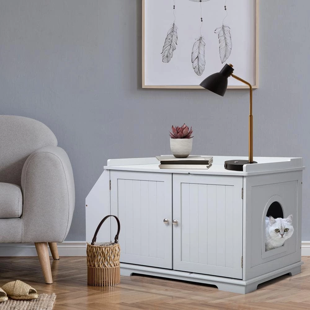 Cat Washroom Storage Bench Litter Box Enclosure with Table by COZIWOW - Image 5