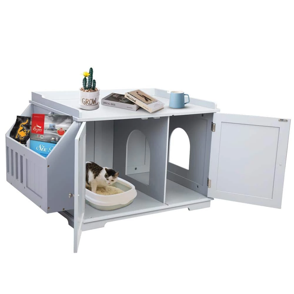 Cat Washroom Storage Bench Litter Box Enclosure with Table by COZIWOW - Image 4