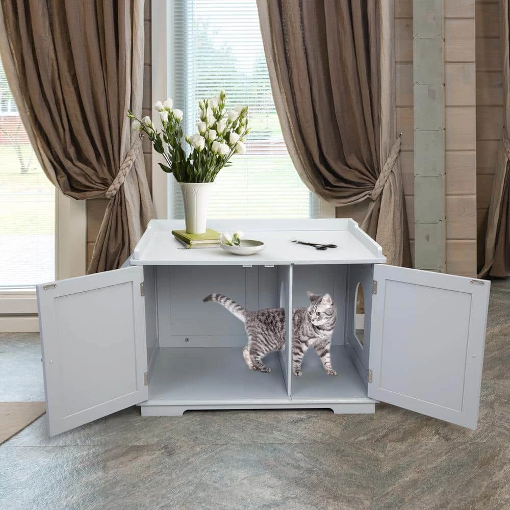 Cat Washroom Storage Bench Litter Box Enclosure with Table by COZIWOW - Image 2