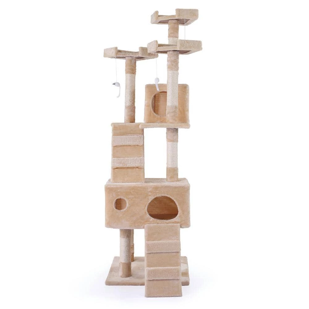 Sturdy Beige Cat Tree Tower Condo Flannel Covered by COZIWOW - Image 5