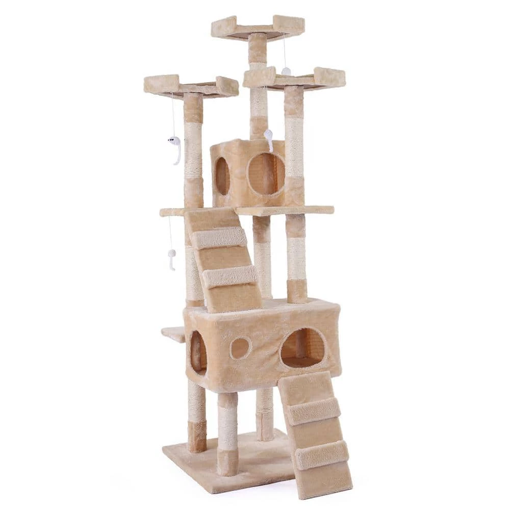 Sturdy Beige Cat Tree Tower Condo Flannel Covered by COZIWOW