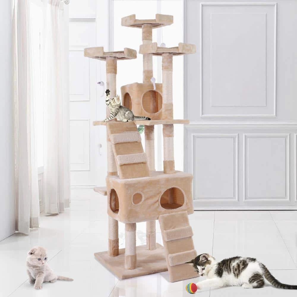 Sturdy Beige Cat Tree Tower Condo Flannel Covered by COZIWOW - Image 4