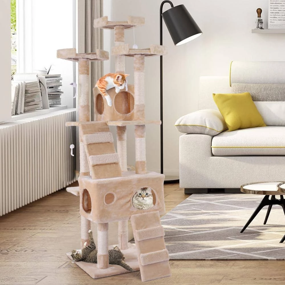 Sturdy Beige Cat Tree Tower Condo Flannel Covered by COZIWOW - Image 2