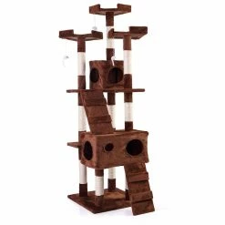 67 in. Cat Tree Brown Tower Condo Soft Flannel Covered by COZIWOW