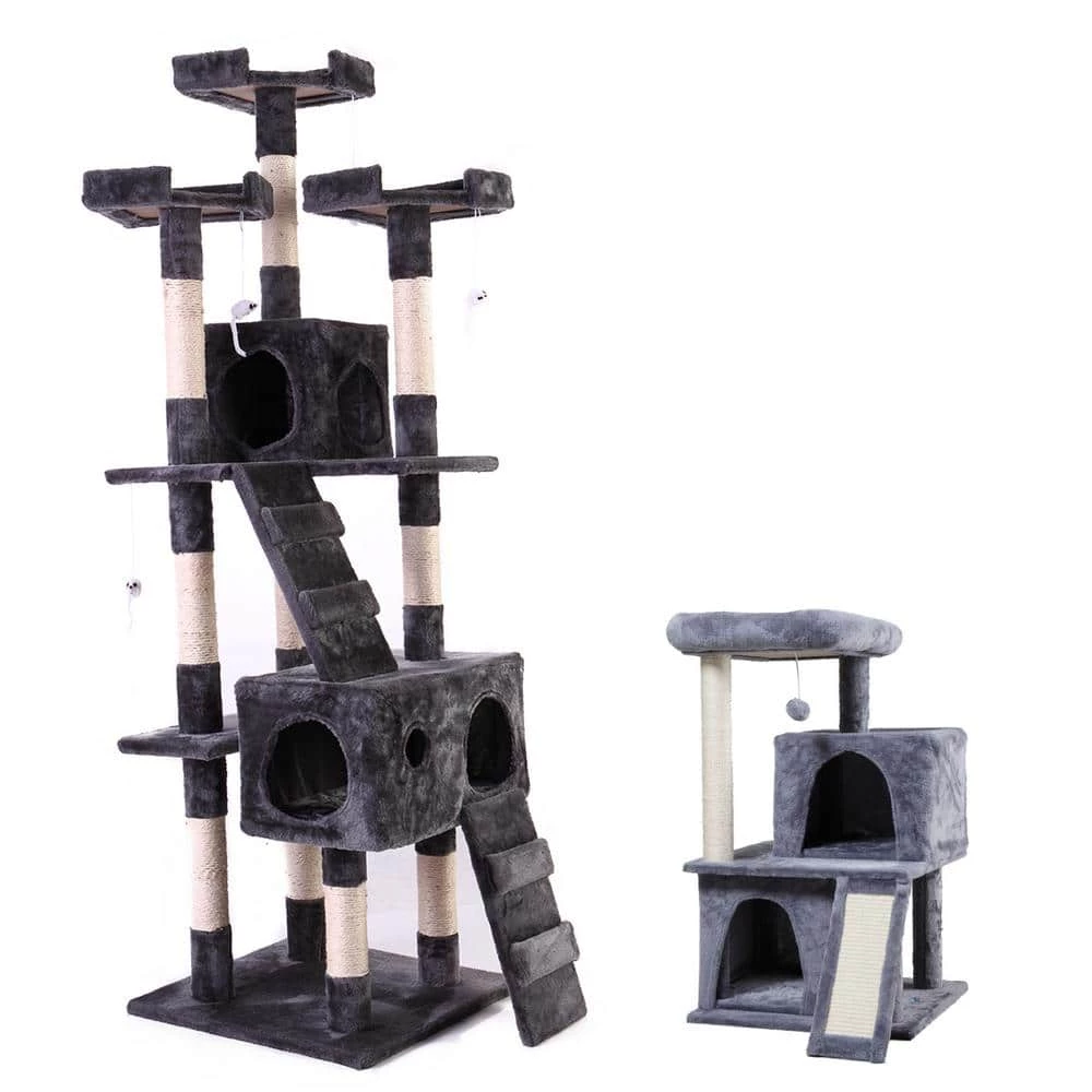 67 in. and 34 in. H Multi-Level Cat Tree with Kitten Activity Center Plush Perch by COZIWOW