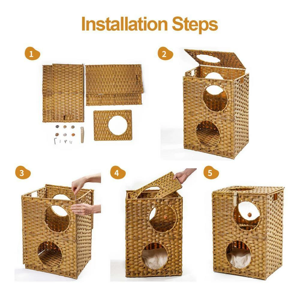 Rattan Cat Litter Cat House Cat Bed with Rattan Ball and Cushion for Summer Use by Foobrues - Image 4