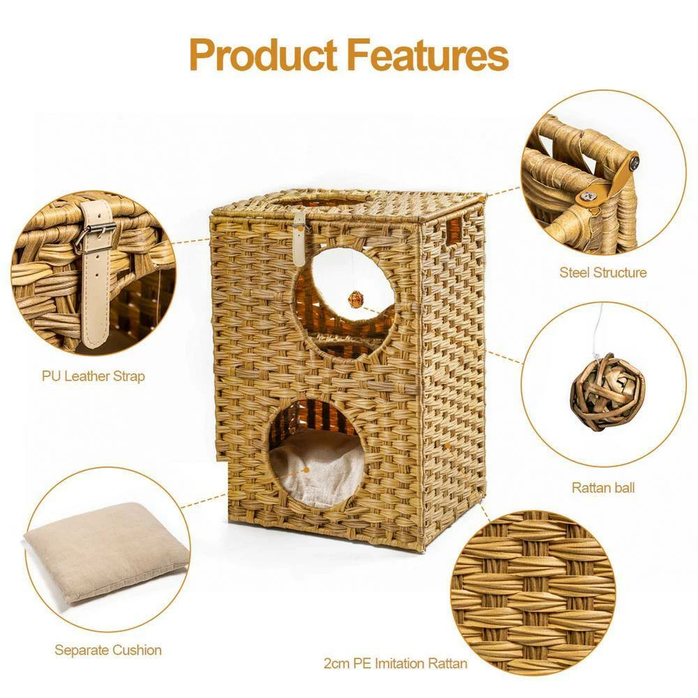 Rattan Cat Litter Cat House Cat Bed with Rattan Ball and Cushion for Summer Use by Foobrues - Image 5