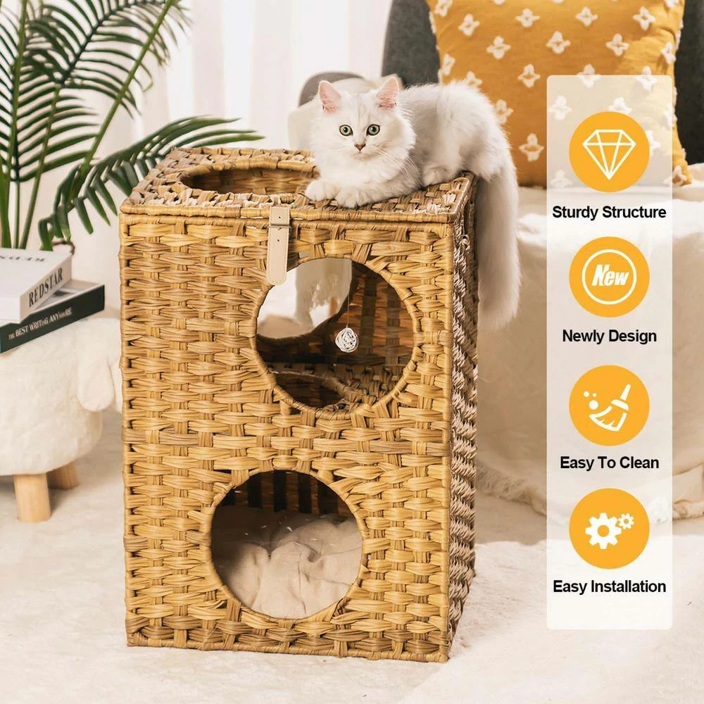 Rattan Cat Litter Cat House Cat Bed with Rattan Ball and Cushion for Summer Use by Foobrues - Image 3