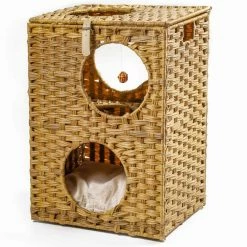 Rattan Cat Litter Cat House Cat Bed with Rattan Ball and Cushion for Summer Use by Foobrues